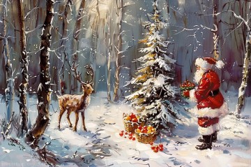 Landscapes Painting - Original Christmas Painting Santa Claus art deliver gifts to deer in forest winter woods